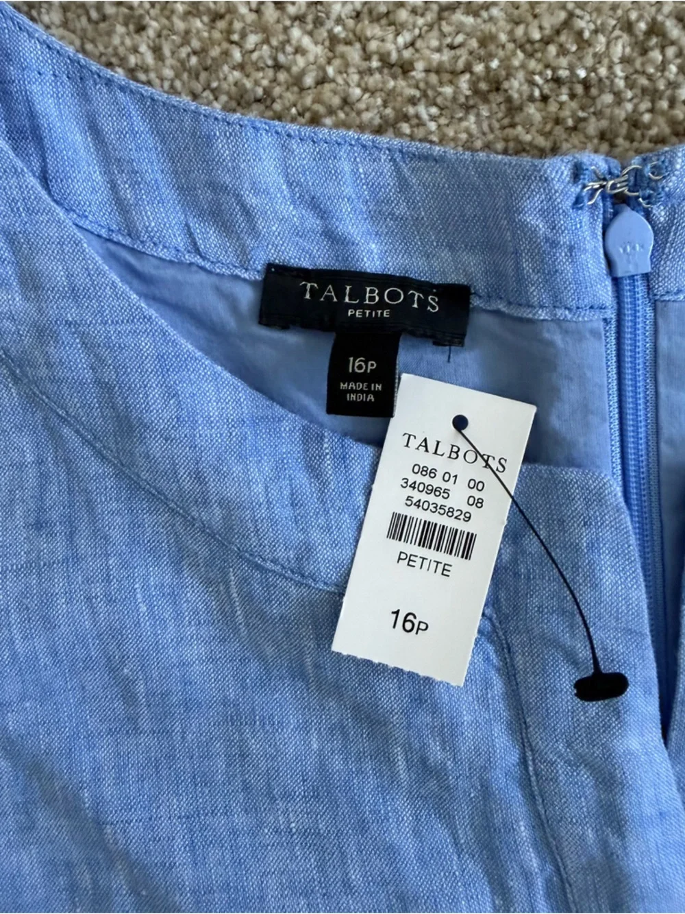 NWT Talbots 100% Linen Light Blue Sleeveless Shift Dress Coastal Size 16 Petite